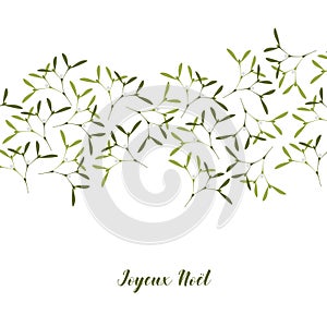 Christmas Greeting Card. Mistletoe on White Background. Text in French Joyeux Noel, in English Merry Christmas.