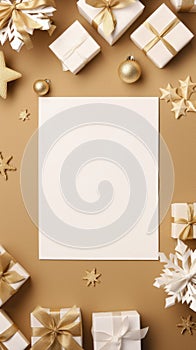 Christmas greeting card mockup with decorations, gift boxes and snowflakes on brown background. Flat lay, top view, copy