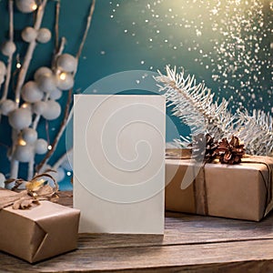 Christmas greeting card mockup with pine cones and gift boxes on wooden table
