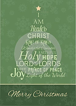 Christmas greeting card with the names of God in the shape of a tree