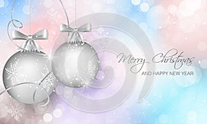Christmas greeting card. New Year postcard. Christmas baubles on multicolor vector bokeh background with stars and snowfall.