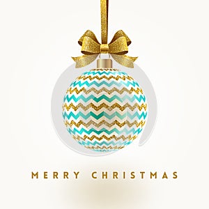 Christmas greeting card - ornate bauble hang on glitter gold ribbon.