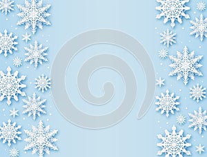 Christmas greeting card. Paper cut snowflakes xmas, happy new year and winter holidays vector background with snow