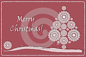 Christmas greeting card with paper cut Christmas tree, snowflakes and wishes of merry Christmas, vector added
