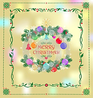 Christmas greeting card with paper cutting conifer green branches decoration, candle, hanging colorful balls and jingle bells, con