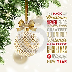 Christmas greeting card - patterned bauble with glitter gold bow hanging on a christmas tree and type design greeting.