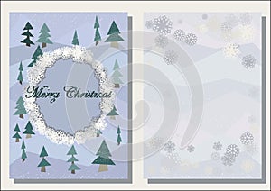 Christmas greeting card, polygonal firs trees, shabby winter decor, front and turn page,