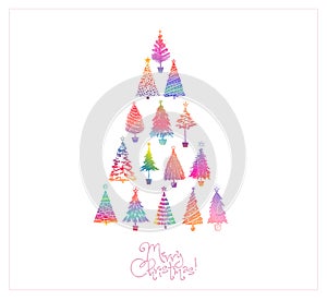 Christmas greeting card with ranbow christmas trees on white background. photo