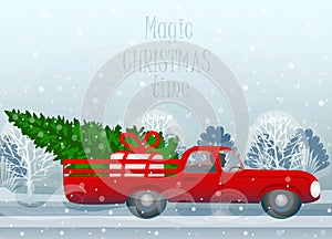 Christmas greeting card red pickup tree snow