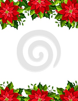 Christmas greeting card with red poinsettia flowers. Vector illustration.