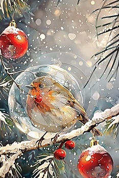 Christmas greeting card with a robin bird and a Christmas ball.