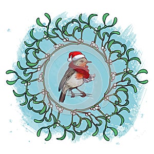 Christmas Greeting card. Robin bird in a red christmas hat and skarf. Mistletoe twigs decorative frame. Watercolor