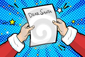 Christmas Greeting Card. Santa Claus is holding in his hands reading a letter christmas wish list