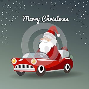 Christmas greeting card with Santa Claus, retro sports car