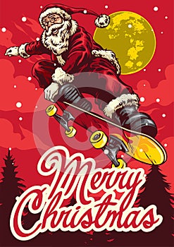 Christmas greeting card with santa claus riding skateboard