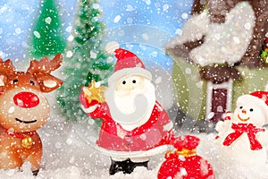 christmas greeting card, santa claus, snowman and reindeer with gifts on sleigh, concept