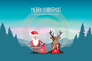 christmas greeting card with santa and deer at norht pole aurora borealis