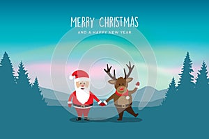 christmas greeting card with santa and deer at norht pole aurora borealis