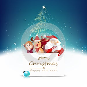 Christmas greeting card, Santa and friends cartoon celebration, tree polygon and snow fall glowing winter seasonal holiday vector