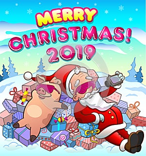 Christmas greeting card with santa and pig