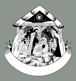 Christmas greeting card with a scene of the Nativity of Christ and Adoration of the Magi and retro ribbon banner in black and