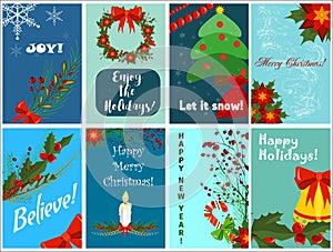 Christmas greeting card set with cute xmas tree, santa retro designs.