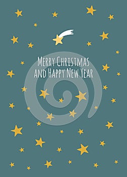Christmas greeting card with a sky full of golden stars, green background and the text Merry Christmas and Happy New Year