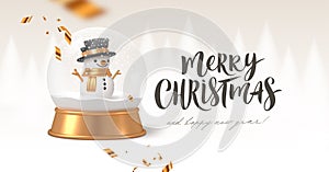 Christmas greeting card with snowglobe. Realistic 3d render snow globe with snowman.
