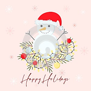 Christmas greeting card with Snowman, Christmas tree branches and garland. Happy holidays. Scandinavian design element