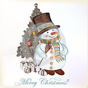 Christmas greeting card with snowman and Christmas tree