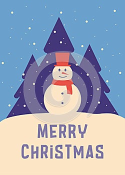 Christmas greeting card with snowman in winter forest at night. Snow-covered landscape. Merry Christmas text