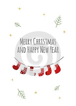 Christmas greeting card with a strip full of winter socks, white background and the text Merry Christmas and Happy New Year