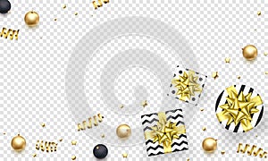 Christmas greeting card template backgorund of golden glitter confetti, gift box with gold ribbon bow for New Year winter holiday.