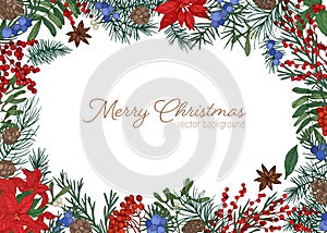 Christmas greeting card template decorated by branches and cones of coniferous tree, holly, mistletoe and juniper