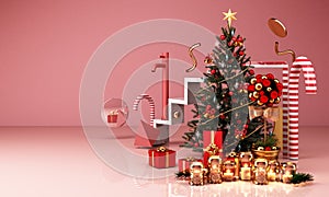 christmas greeting card template with Christmas tree and candy giftbox candle surounding by geometric shape photo