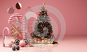 christmas greeting card template with Christmas tree and candy giftbox candle surounding by geometric shape photo