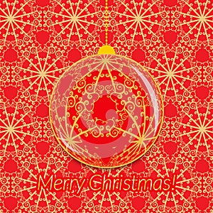 Christmas greeting card with transparent ball on ornate red and gold background