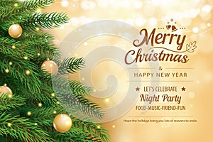 Christmas greeting card with tree and gold blur bokeh lights background. Xmas and happy new year. Vector illustration for photo