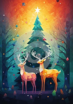 Christmas greeting card with two deers in the forest. Christmas greeting card illustration