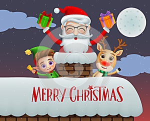 Christmas greeting card vector background design. Merry christmas text with xmas characters.