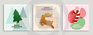Christmas greeting card vector set. Merry christmas cards with ornament shapes and xmas elements of deer candy cane and tree for h