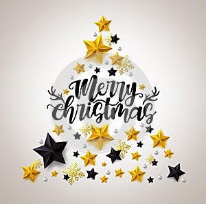 Christmas greeting card vector template design. Merry christmas text with star, ball and snow flakes elements in xmas tree.