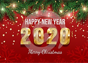 Christmas greeting card vector template. Happy new year postcard, winter holiday banner concept. Gold 2020 number and