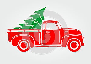 Christmas greeting card. Vintage pickup, truck with Christmas tree. photo