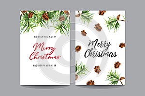 Christmas greeting card watercolor set on white background. Merry Christmas card. Vector Illustration