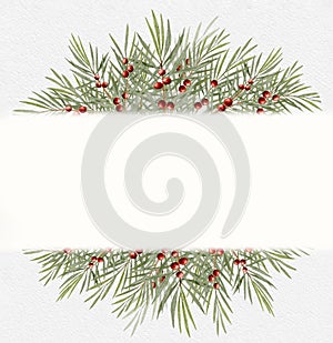 Christmas greeting card, Watercolour digital hand paint Branch of juniper with red berries on border with copy space, Illustration