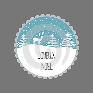 Christmas Greeting Card. White Reindeer Fir Trees Snow Flakes on Blue Background. Decorative Frame Circle. Hand Lettering French