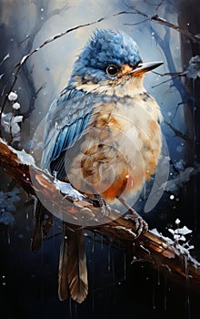 Christmas greeting card. Winter background. Bluebird sitting on a branch of rowan in the winter forest