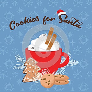 Christmas greeting card, winter invitation with red cup of hot drink. Cocoa or coffee decorated with cinnamone sticks photo