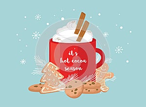 Christmas greeting card, winter invitation with red cup of hot drink. Cocoa or coffee decorated with cinnamone sticks photo